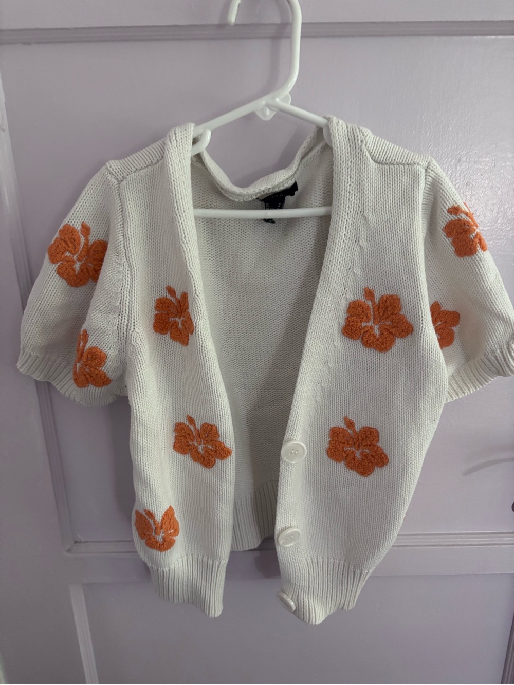 Forever 21 White Knit Cardigan with Orange Floral Accents
